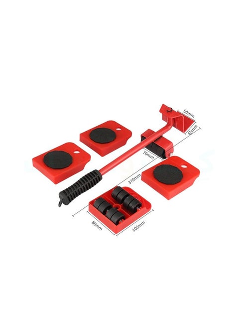 Furniture moving tool set consisting of a lever and wheels that provide easy moving of heavy objects Red with thick swivel wheels and an anti slip handle for handling heavy objects