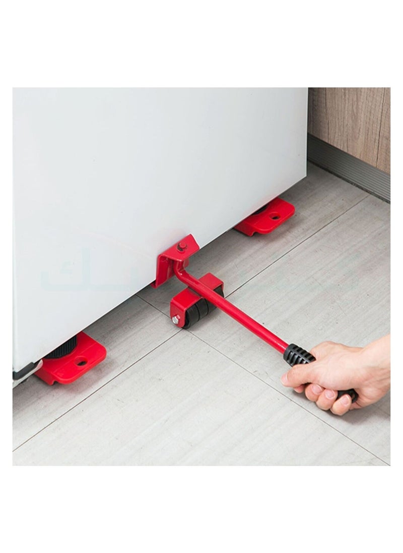 Furniture moving tool set consisting of a lever and wheels that provide easy moving of heavy objects Red with thick swivel wheels and an anti slip handle for handling heavy objects