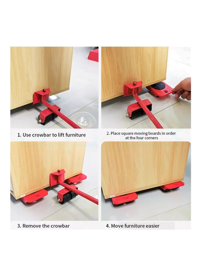 Furniture moving tool set consisting of a lever and wheels that provide easy moving of heavy objects Red with thick swivel wheels and an anti slip handle for handling heavy objects