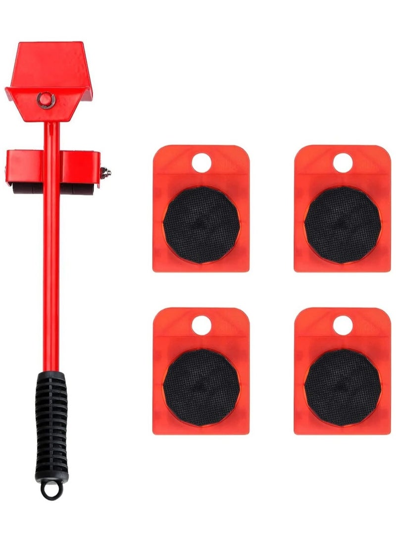 Furniture moving tool set consisting of a lever and wheels that provide easy moving of heavy objects Red with thick swivel wheels and an anti slip handle for handling heavy objects