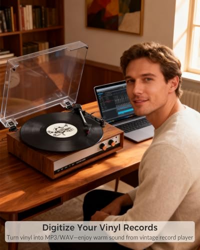 TANLANIN Vintage Vinyl Record Player with Bluetooth, 3-Speed Belt Drive Turntable with External Speakers, Vinyl to PC Recording, RCA Output, AUX in & Headphone Jack, Vintage Walnut - Image 3