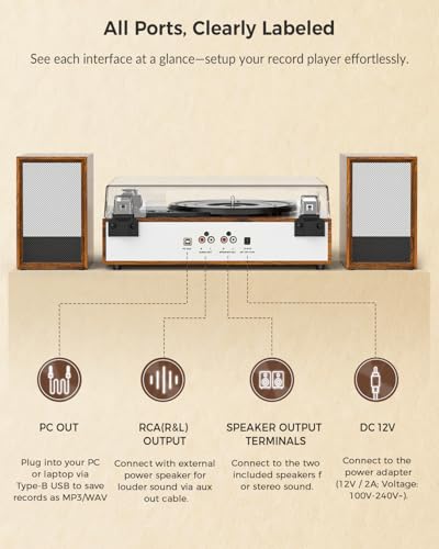 TANLANIN Vintage Vinyl Record Player with Bluetooth, 3-Speed Belt Drive Turntable with External Speakers, Vinyl to PC Recording, RCA Output, AUX in & Headphone Jack, Vintage Walnut - Image 2