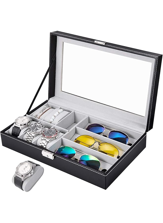 The Bros Display Watch and Sunglasses Jewelry Box - 6 Watch Case, 3 Slots Organizer, PU Leather Eyeglass Case for Men Women (Black) - Image 1