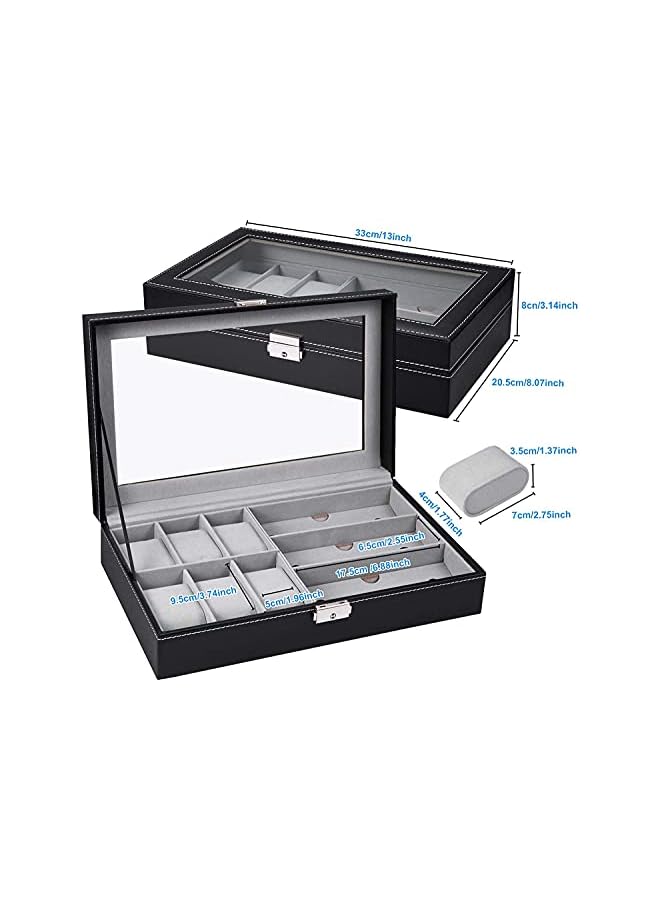The Bros Display Watch and Sunglasses Jewelry Box - 6 Watch Case, 3 Slots Organizer, PU Leather Eyeglass Case for Men Women (Black) - Image 4