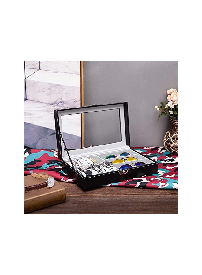 The Bros Display Watch and Sunglasses Jewelry Box - 6 Watch Case, 3 Slots Organizer, PU Leather Eyeglass Case for Men Women (Black) - Image 2