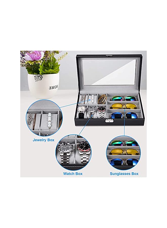 The Bros Display Watch and Sunglasses Jewelry Box - 6 Watch Case, 3 Slots Organizer, PU Leather Eyeglass Case for Men Women (Black) - Image 5
