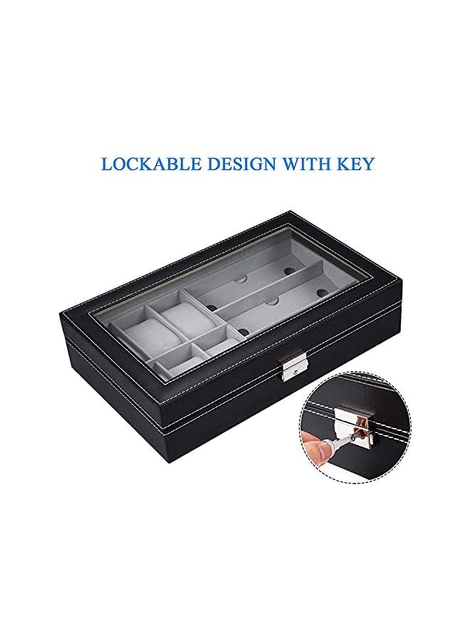 The Bros Display Watch and Sunglasses Jewelry Box - 6 Watch Case, 3 Slots Organizer, PU Leather Eyeglass Case for Men Women (Black) - Image 3