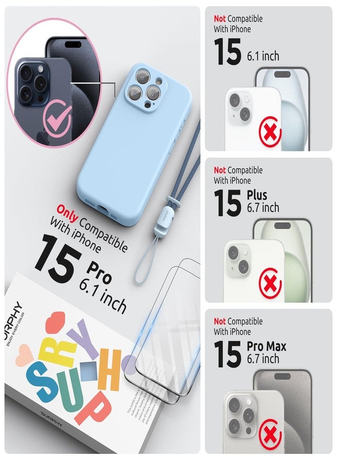 جراب SURPHY مصمم خصيصًا لهاتف iPhone 15 Pro، مزود بواقي شاشة وحبل تعليق، وحزام للهاتف، وغطاء هاتف من السيليكون السائل (واقي للكاميرا وبطانة ناعمة من الألياف الدقيقة)، مقاس 6.1 بوصة، إصدار 2023، لون أزرق فاتح - Image 2