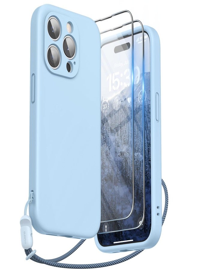 جراب SURPHY مصمم خصيصًا لهاتف iPhone 15 Pro، مزود بواقي شاشة وحبل تعليق، وحزام للهاتف، وغطاء هاتف من السيليكون السائل (واقي للكاميرا وبطانة ناعمة من الألياف الدقيقة)، مقاس 6.1 بوصة، إصدار 2023، لون أزرق فاتح - Image 1