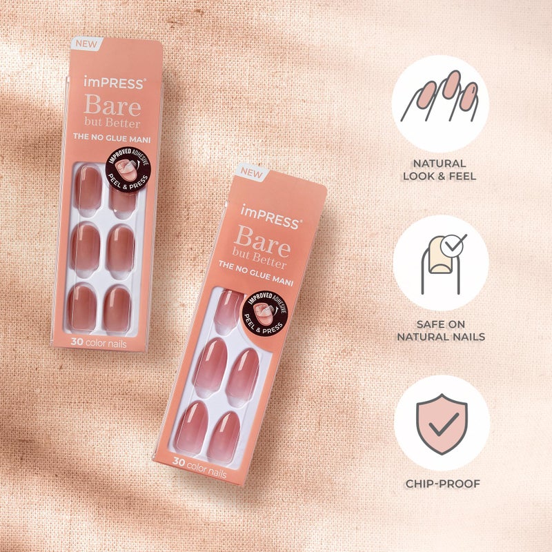 Impress KISS imPRESS No Glue Mani Press On Nails, , 'Simple Pleasure', Nude, Short Size, Squoval Shape, Includes 30 Nails, Prep Pad, Instructions Sheet, 1 Manicure Stick, 1 Mini File - Image 4