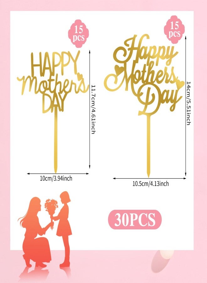 LAIAMER 30 Pcs Happy Mother's Day Cake Topper, Acrylic Mothers Day Cupcake Toppers with Heart Love Cake Gold Toppers Cake Decor for Mom's Birthday Party Supplies - Image 2