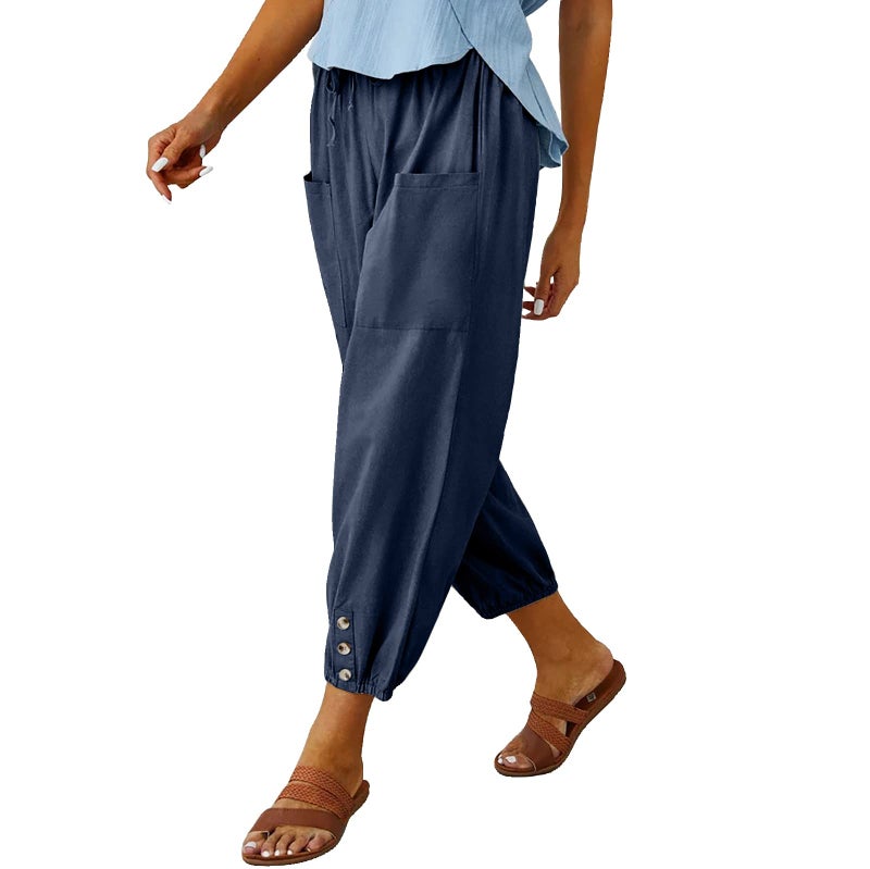 WROLEM Women's High Waist Pants Drawstring Capri Pants with Pockets Wide Leg Cropped Pants for Women NavyBlue XX-Large - Image 1