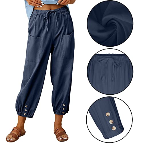 WROLEM Women's High Waist Pants Drawstring Capri Pants with Pockets Wide Leg Cropped Pants for Women NavyBlue XX-Large - Image 2