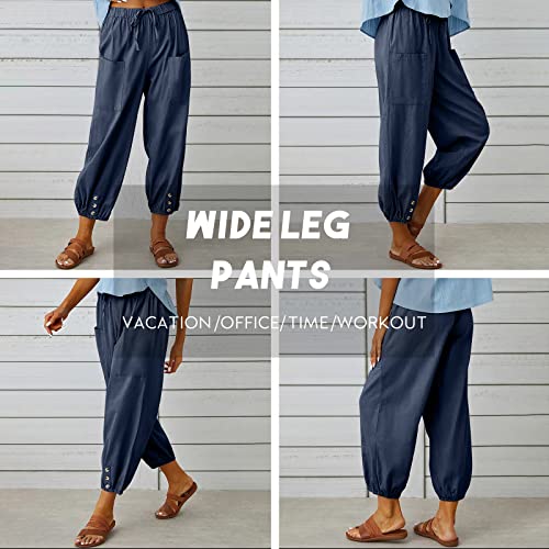 WROLEM Women's High Waist Pants Drawstring Capri Pants with Pockets Wide Leg Cropped Pants for Women NavyBlue XX-Large - Image 5