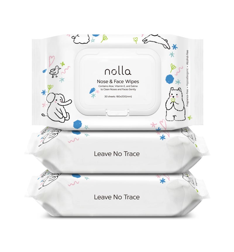 Nolla Nose and Face Wipes for Babies & Kids with Saline, Vitamin E, & Aloe | Unscented | Compostable, 90 Count (3 Packs of 30) - Image 1