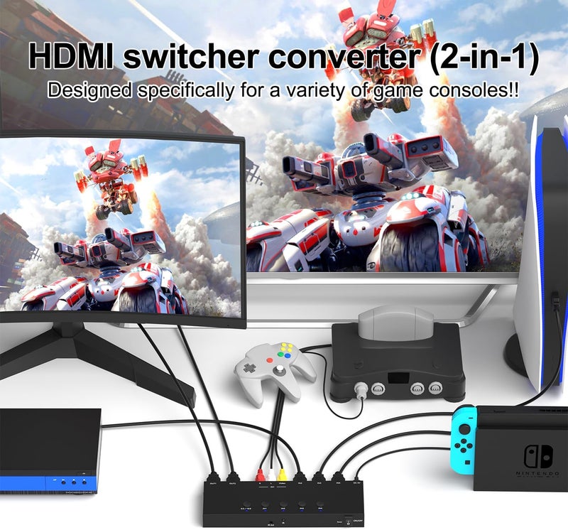 Ruipoo 4In to 2Out HDMI/AV Switch (1 AV Input+3 HDMI 2.0 Inputs) RCA to 2Port HDMI Converter for PS1/2/3/4/5, N64, SNES, Switch, DVD, Roku etc. - Image 3