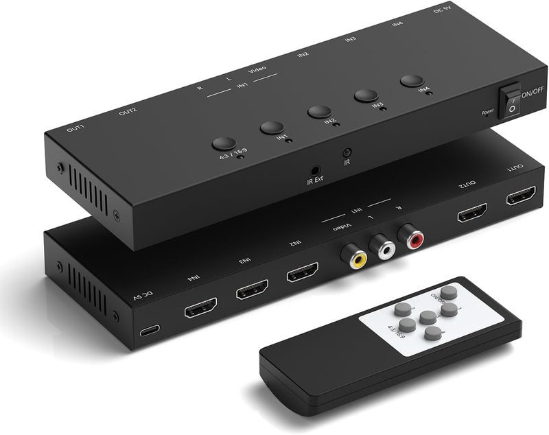 Ruipoo 4In to 2Out HDMI/AV Switch (1 AV Input+3 HDMI 2.0 Inputs) RCA to 2Port HDMI Converter for PS1/2/3/4/5, N64, SNES, Switch, DVD, Roku etc. - Image 1