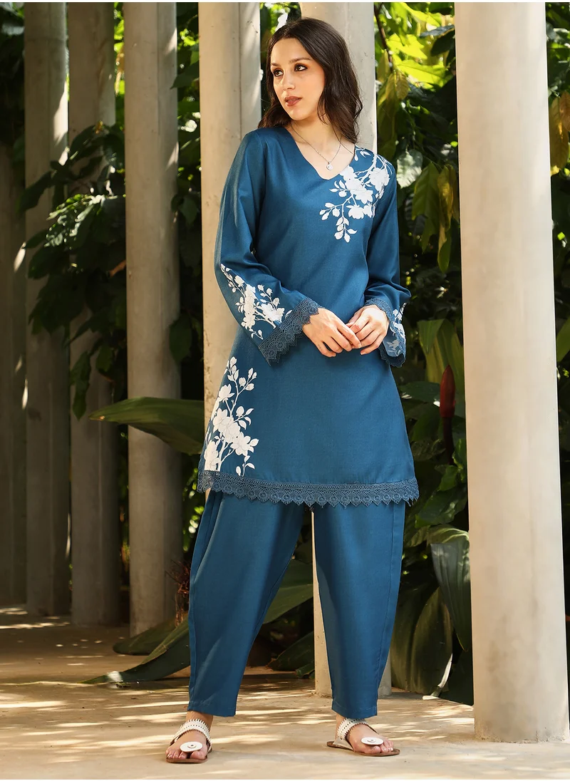 QISSA Qissa Women's Indigo Blue Flora-Block Kurta Set For Casual Wear | V-Neck | Quarter Regular Sleeves | 3 Piece Kurta Set Designed With Comfort Fit For Everyday Ethnic Wear