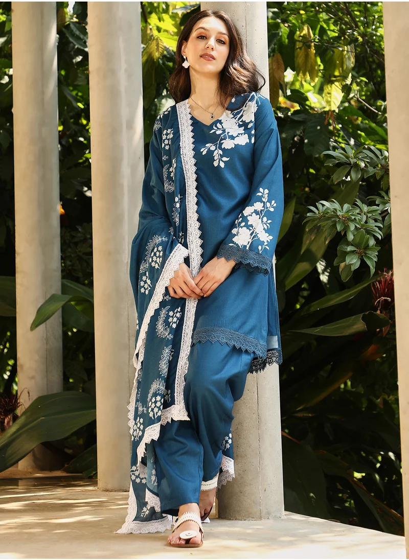 QISSA Qissa Women's Indigo Blue Flora-Block Kurta Set For Casual Wear | V-Neck | Quarter Regular Sleeves | 3 Piece Kurta Set Designed With Comfort Fit For Everyday Ethnic Wear