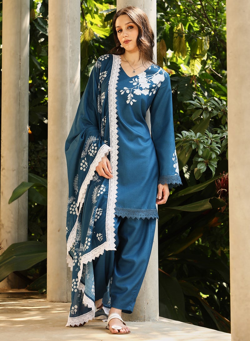 QISSA Qissa Women's Indigo Blue Flora-Block Kurta Set For Casual Wear | V-Neck | Quarter Regular Sleeves | 3 Piece Kurta Set Designed With Comfort Fit For Everyday Ethnic Wear  - Image 3