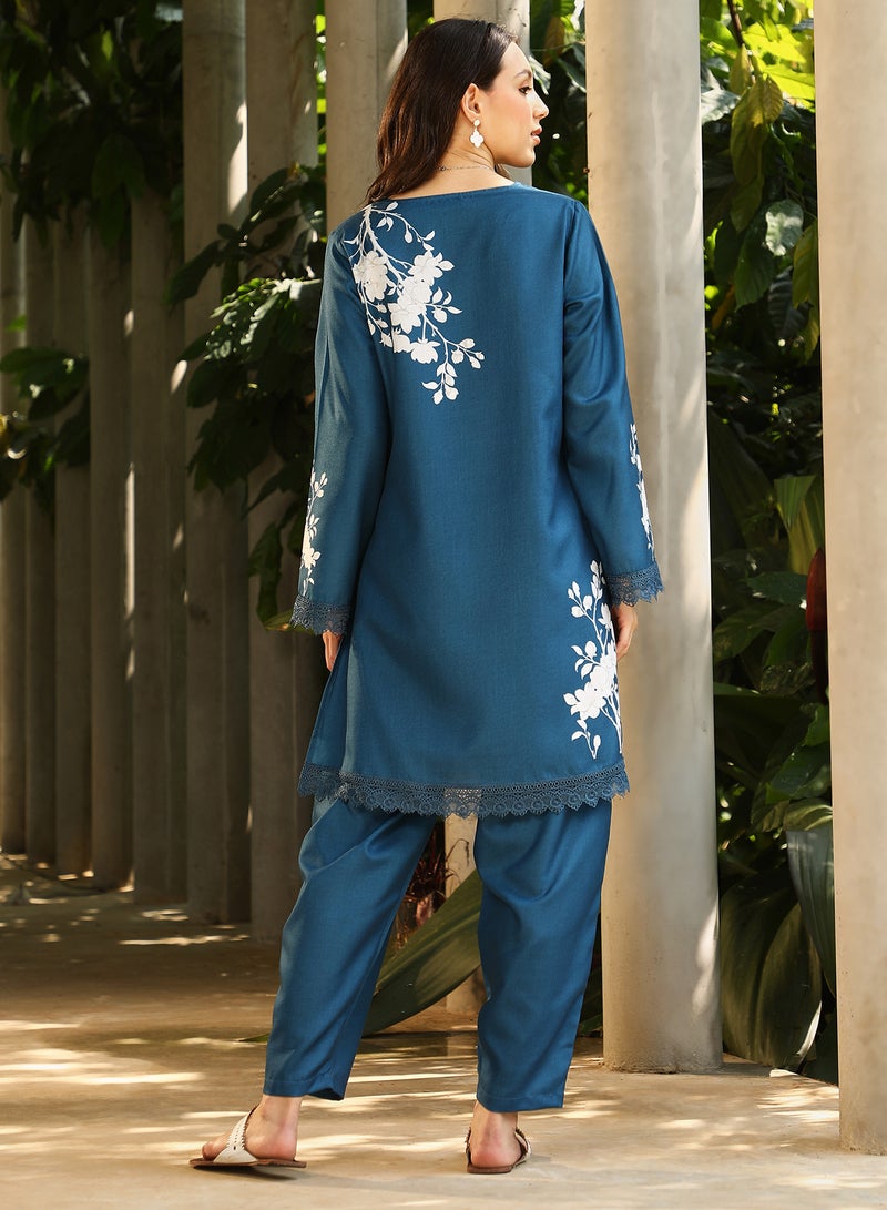 QISSA Qissa Women's Indigo Blue Flora-Block Kurta Set For Casual Wear | V-Neck | Quarter Regular Sleeves | 3 Piece Kurta Set Designed With Comfort Fit For Everyday Ethnic Wear  - Image 5