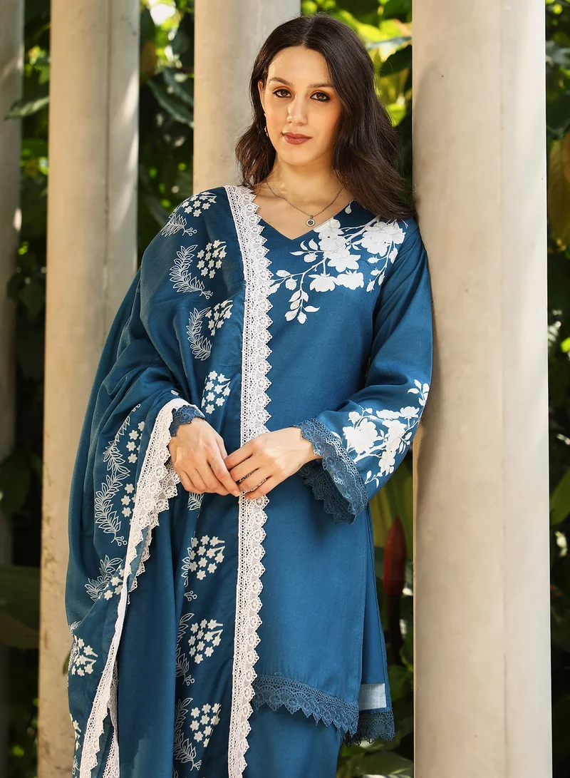 QISSA Qissa Women's Indigo Blue Flora-Block Kurta Set For Casual Wear | V-Neck | Quarter Regular Sleeves | 3 Piece Kurta Set Designed With Comfort Fit For Everyday Ethnic Wear