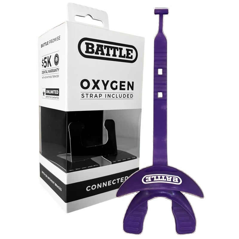 Battle Oxygen Lip Protector Mouth Guard with Connected Strap, Football and Sports Gear, Maximum Oxygen Supply, Mouthpiece Fits With or Without Braces - One Size, Purple - Image 1