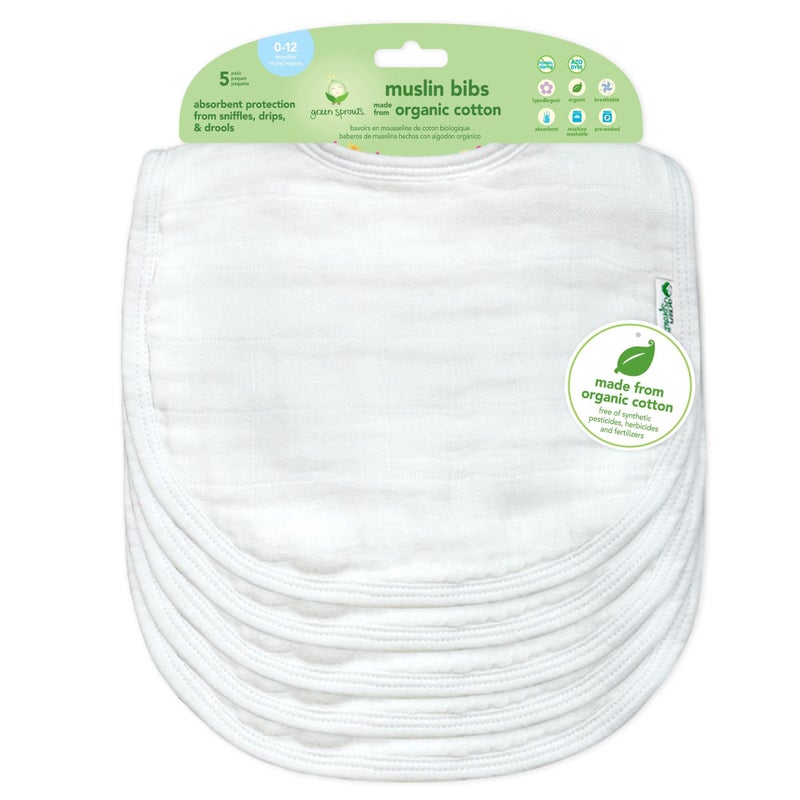 green sprouts Muslin Bibs Made from Organic Cotton| 4 Absorbent Layers Protect from sniffles, Drips, & drools | 100% Organic Cotton Muslin, Adjustable snap Closure, Machine Washable,5 Count - Image 1