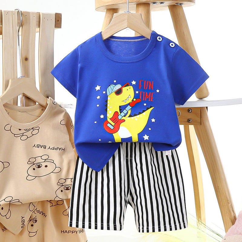 Kids Cotton Short Sleeve Home Set Blue Guitar Dinosaur 