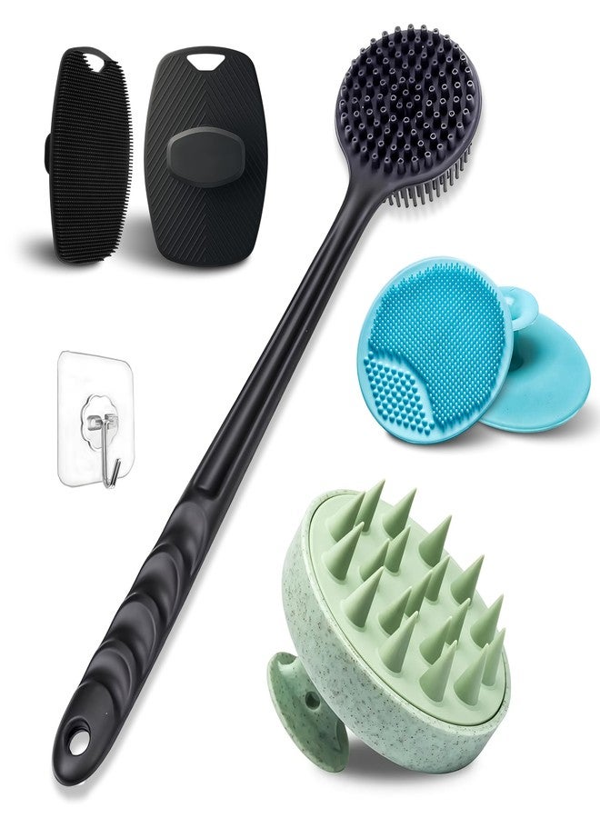 BatHRemedy Soft Silicone Back Scrubber Long Handle Bath Brush, Body Scrubber Bath Brush, Scalp Massager for Hair, Face Scrubber Brush, Combination Combo, Super-Exfoliating & Lathering Body Scrubber (5 In 1 Combo) - Image 1