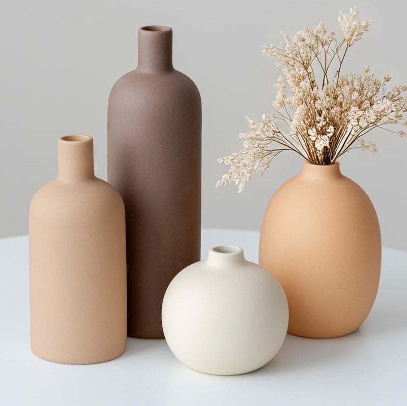 vaurcesa Modern Ceramic Vase Set, Neutral Colors, Decorative Vases for Home Shelf Decor, 4 Piece Collection, Happy Birthday Gifts for Women Mom Her Friend Sister Wife Grandma, Self Care Gift (Coffee Mix set 4) - Image 1