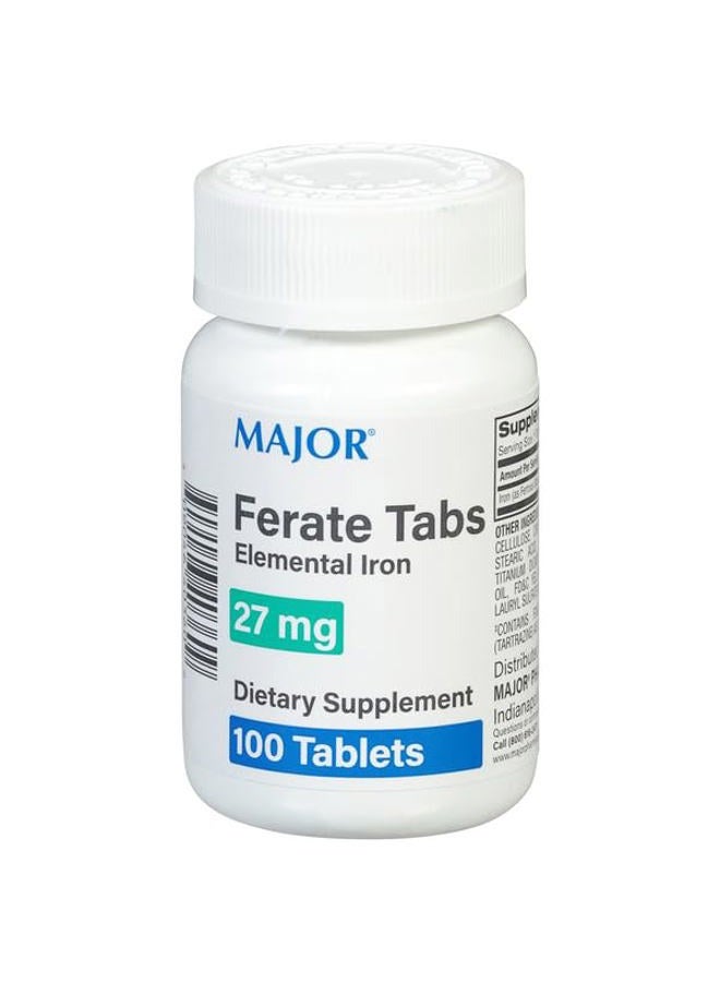 Major Pharmaceuticals Major 27 mg Ferate Tabs - Ferrous Gluconate Elemental Iron Dietary Supplement - 100 Tablets (3 Pack) - Image 1