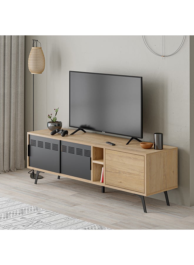 Mourah Home Lulia Tv Stand Up To 55 Inch| Modern Tv Unit Metal Legs 1 Metal Slide Door 1 Open Shelf 1 Door| Storage Cabinet | 148.2X40X48.6 Cm (Oak)- 2 Years Warranty - Image 1