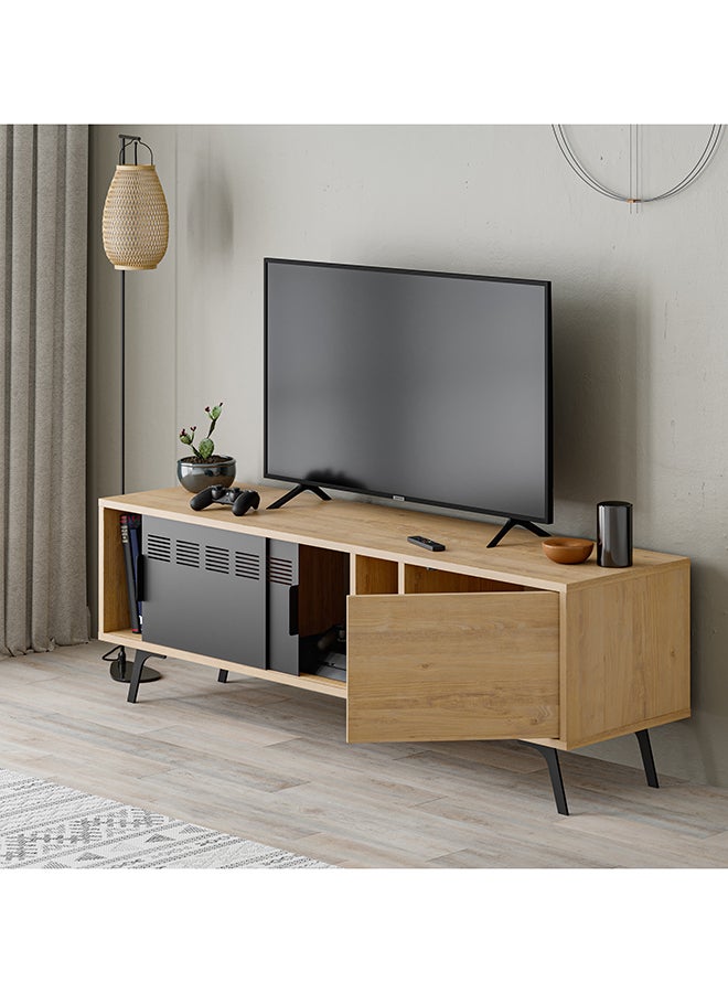 Mourah Home Lulia Tv Stand Up To 55 Inch| Modern Tv Unit Metal Legs 1 Metal Slide Door 1 Open Shelf 1 Door| Storage Cabinet | 148.2X40X48.6 Cm (Oak)- 2 Years Warranty - Image 3