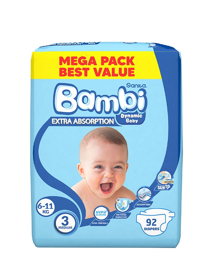 Sanita Bambi Baby Diapers Mega Pack Size 3, Medium, 6-11 KG, 92 Count (Pack of 2) Best Value