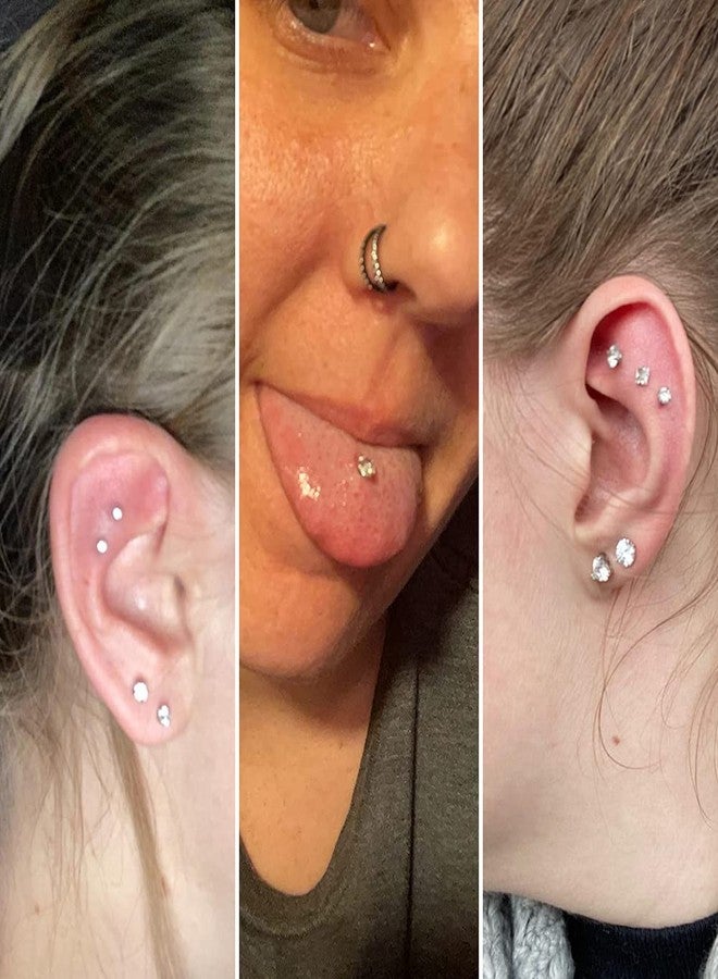 PunkTracker 16g/18g Surgical Steel Internal Thread CZ Stud Piercing Jewelry for Tragus/Nose/Helix/Conch/Medusa/Lip/Labret - Helix Tragus Cartilage Earring for Women Men 2PCS, Stainless Steel, cubic - Image 4