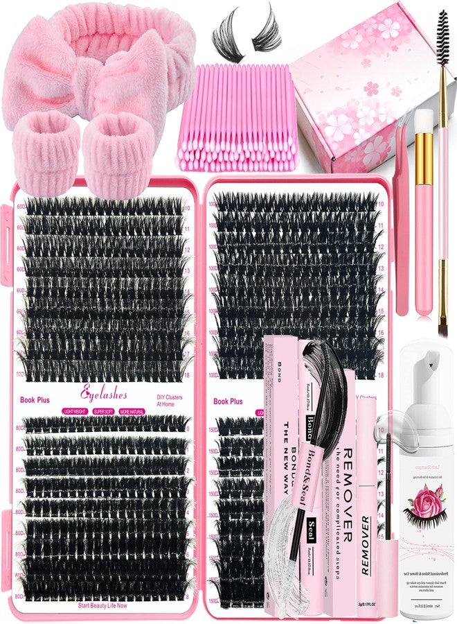DNSGOOR DIY Fluffy Lash Extension Kit 630Pcs 10-18mm D Curl Lashes Clusters with Lash Bond and Seal Glue Remover Lash Shampoo Cleansing Brush Headband Wristband Tweezers Eyelash Brush Applicator - Image 1