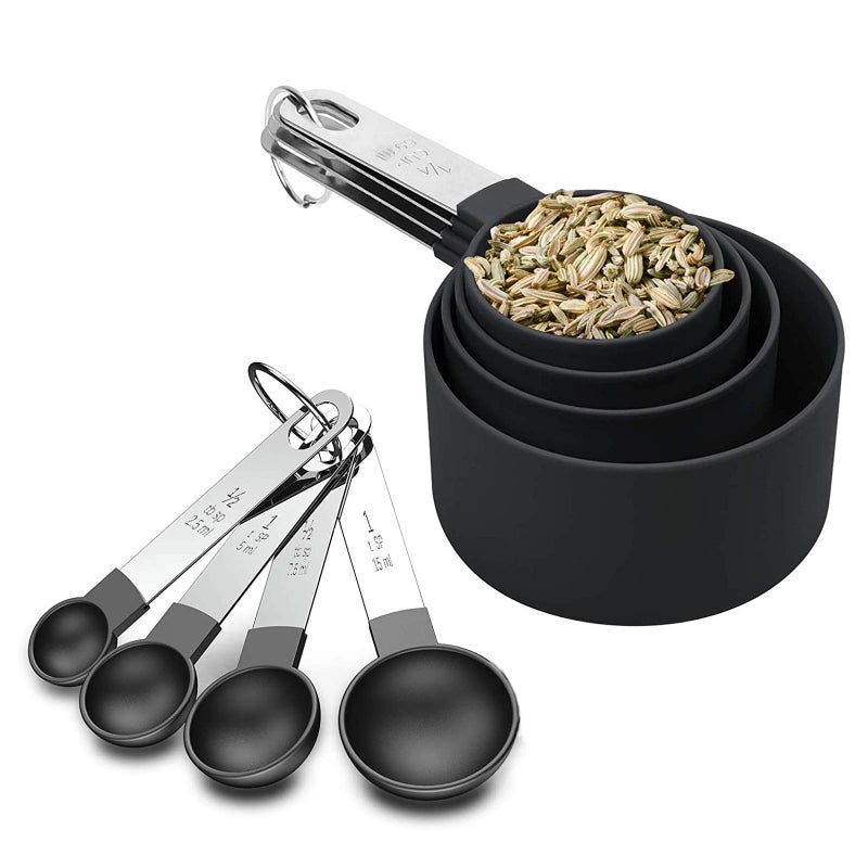 8Piece Measuring Cup and Spoon Set Plastic Measuring Cup and Spoon with Stainless Steel Handle for Liquids and Solids for Cooking Kitchen Black