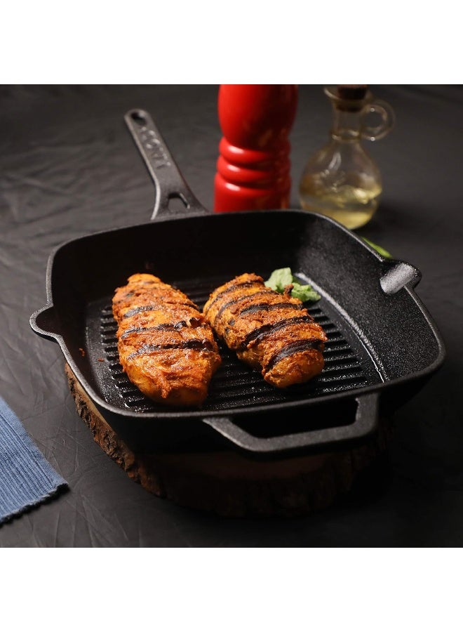 VINOD مقلاة الشواء من الحديد الزهر مسبقة التتبيل من فينود ليجاسي - 24 سم، مناسبة للطبخ بالحث، سوداء - Image 2