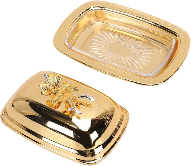 Generic Butter Dish, Iron Alloy Rectangle Butter Dish with Lid, Timeless & Elegant Design, Utility Modern with Graceful Patterns for Home Kitchen Party, 7.4x5.4x3.5in (Rectangle Gold) - Image 1