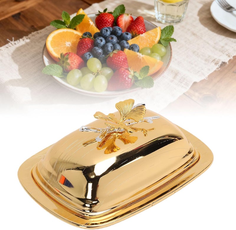 Generic Butter Dish, Iron Alloy Rectangle Butter Dish with Lid, Timeless & Elegant Design, Utility Modern with Graceful Patterns for Home Kitchen Party, 7.4x5.4x3.5in (Rectangle Gold) - Image 2