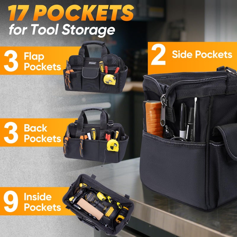 TICONN Heavy Duty Tool Bag with Multi-Pockets, Portable Tool Box Organizer Storage Bag, with Adjustable Shoulder Strap and Ergonomic Handle (Black, 16" Standard Base) - Image 2