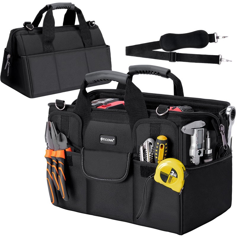 TICONN Heavy Duty Tool Bag with Multi-Pockets, Portable Tool Box Organizer Storage Bag, with Adjustable Shoulder Strap and Ergonomic Handle (Black, 16" Standard Base) - Image 1