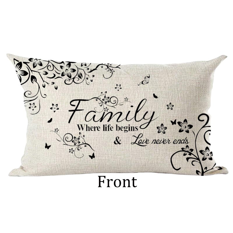 Ramirar Word Art Family Where Life Begins & Love Never Ends Flowers Butterflies Decorative Lumbar Throw Pillow Cover Case Home Living Room Bed Sofa Car Cotton Linen Rectangular 12 x 20 Inches - Image 2