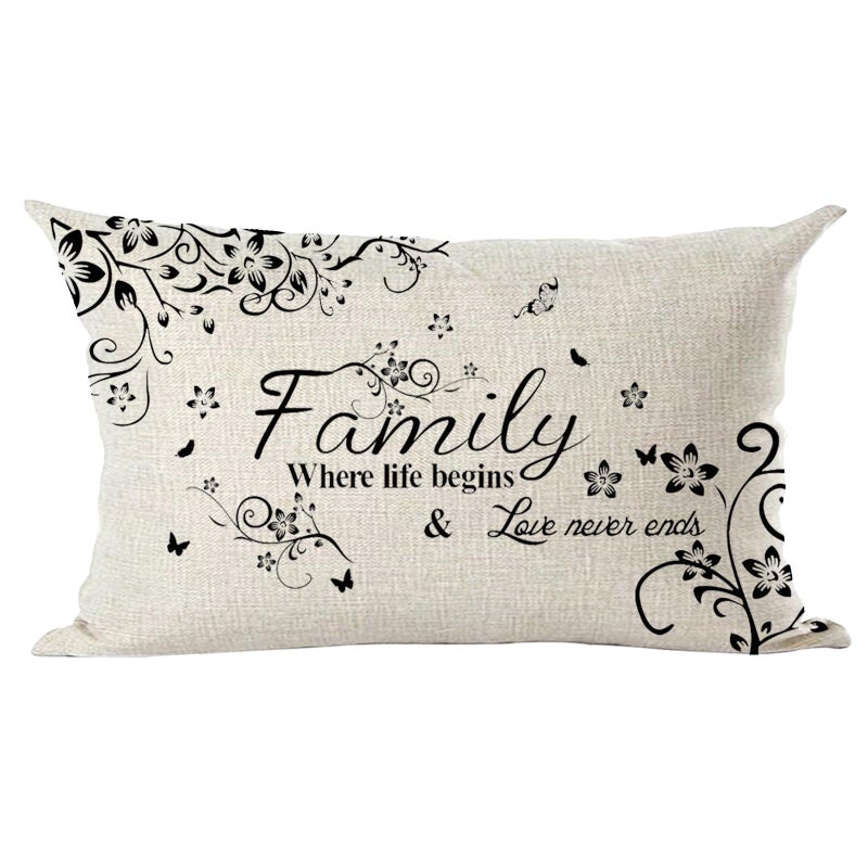 Ramirar Word Art Family Where Life Begins & Love Never Ends Flowers Butterflies Decorative Lumbar Throw Pillow Cover Case Home Living Room Bed Sofa Car Cotton Linen Rectangular 12 x 20 Inches - Image 1