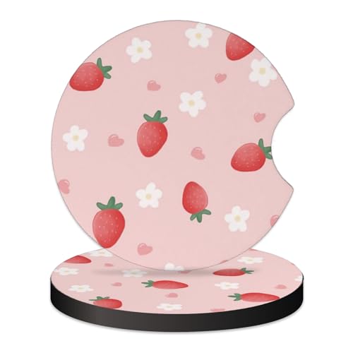 KARREAL 2 Pcs Car Cup Coasters Cute Strawberry Universal NonSlip Rubber Car Coasters for Cup Holders 275 inch Car Interior Accessories for Women - Image 1