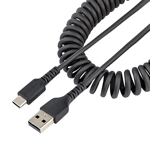 Startech.com StarTechcom 3ft 1m USB A to C Charging Cable Coiled Heavy Duty Fast Charge Sync USBC Cable USB 20 A to TypeC Cable Rugged Aramid Fiber Durable Male to Male USB Black R2ACC1MUSBCABLE - Image 1