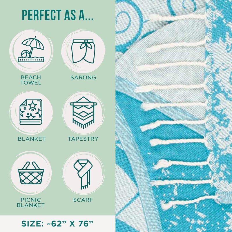 Sand Cloud Extra Large Turkish Beach Towel - Free 100% Organic Cotton Yarn Quick Dry for Beach, Picnic, Blanket or Bath As Seen on Shark Tank Marine Life (Crush Turtle Teal) - Image 3