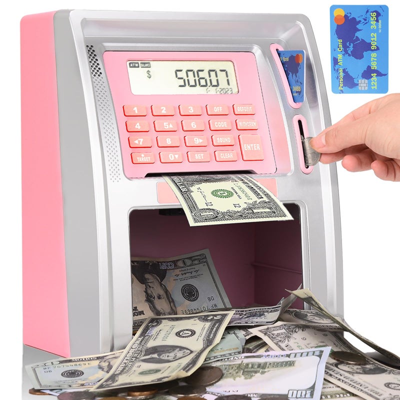 BKstar Kids Talking ATM Piggy Bank for Real Money with Dual Debit Cards PowerOff Memory AutoOpening Drawer Onekey Shutdown Bill Feeder Coin Recognition Balance Calculator Machine - Image 3