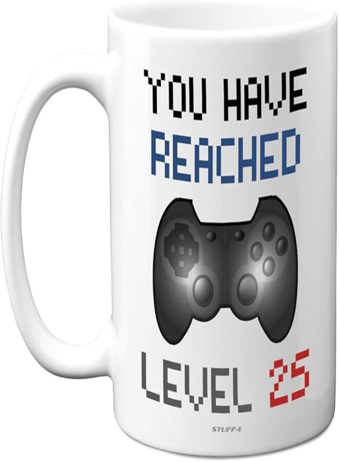 25th Birthday Gamer Gift - Level 25 Gamer Mug, 25th Birthday Gifts, 11oz Dishwasher Safe Coffee Mugs Cup, Birthday Gifts for Men or Women, Retro Video Game, Novelty Mug, Gaming Gifts for Him or Her